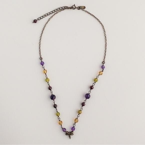 Sterling Silver Necklace Multicoloured Gemstones Dragonfly Charm Pendant Vintage - Picture 2 of 12